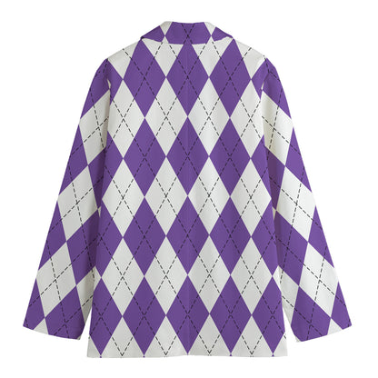 White And Purple Argyle Pattern Print Women's Blazer