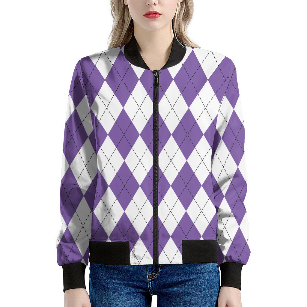 White And Purple Argyle Pattern Print Women's Bomber Jacket