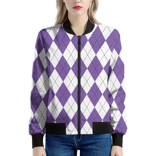 White And Purple Argyle Pattern Print Women's Bomber Jacket