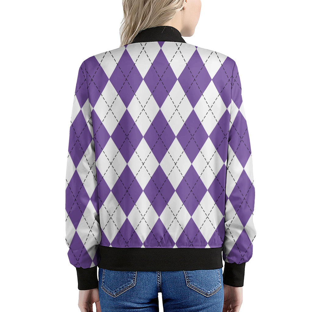 White And Purple Argyle Pattern Print Women's Bomber Jacket