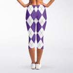 White And Purple Argyle Pattern Print Women's Capri Leggings