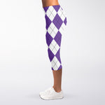 White And Purple Argyle Pattern Print Women's Capri Leggings
