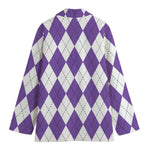 White And Purple Argyle Pattern Print Women's Cotton Blazer