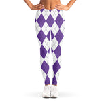 White And Purple Argyle Pattern Print Women's Leggings