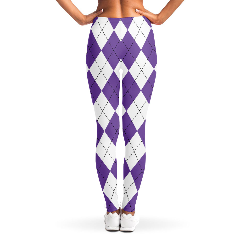 White And Purple Argyle Pattern Print Women's Leggings
