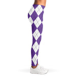 White And Purple Argyle Pattern Print Women's Leggings