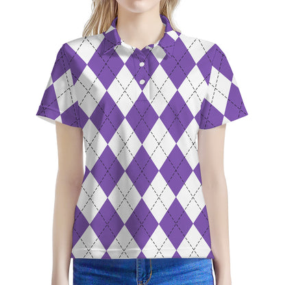 White And Purple Argyle Pattern Print Women's Polo Shirt