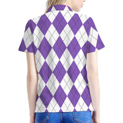 White And Purple Argyle Pattern Print Women's Polo Shirt