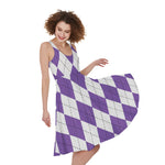 White And Purple Argyle Pattern Print Women's Sleeveless Dress