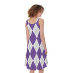 White And Purple Argyle Pattern Print Women's Sleeveless Dress
