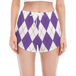 White And Purple Argyle Pattern Print Women's Split Running Shorts