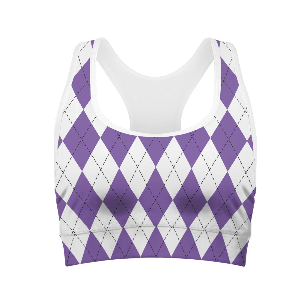 White And Purple Argyle Pattern Print Women's Sports Bra
