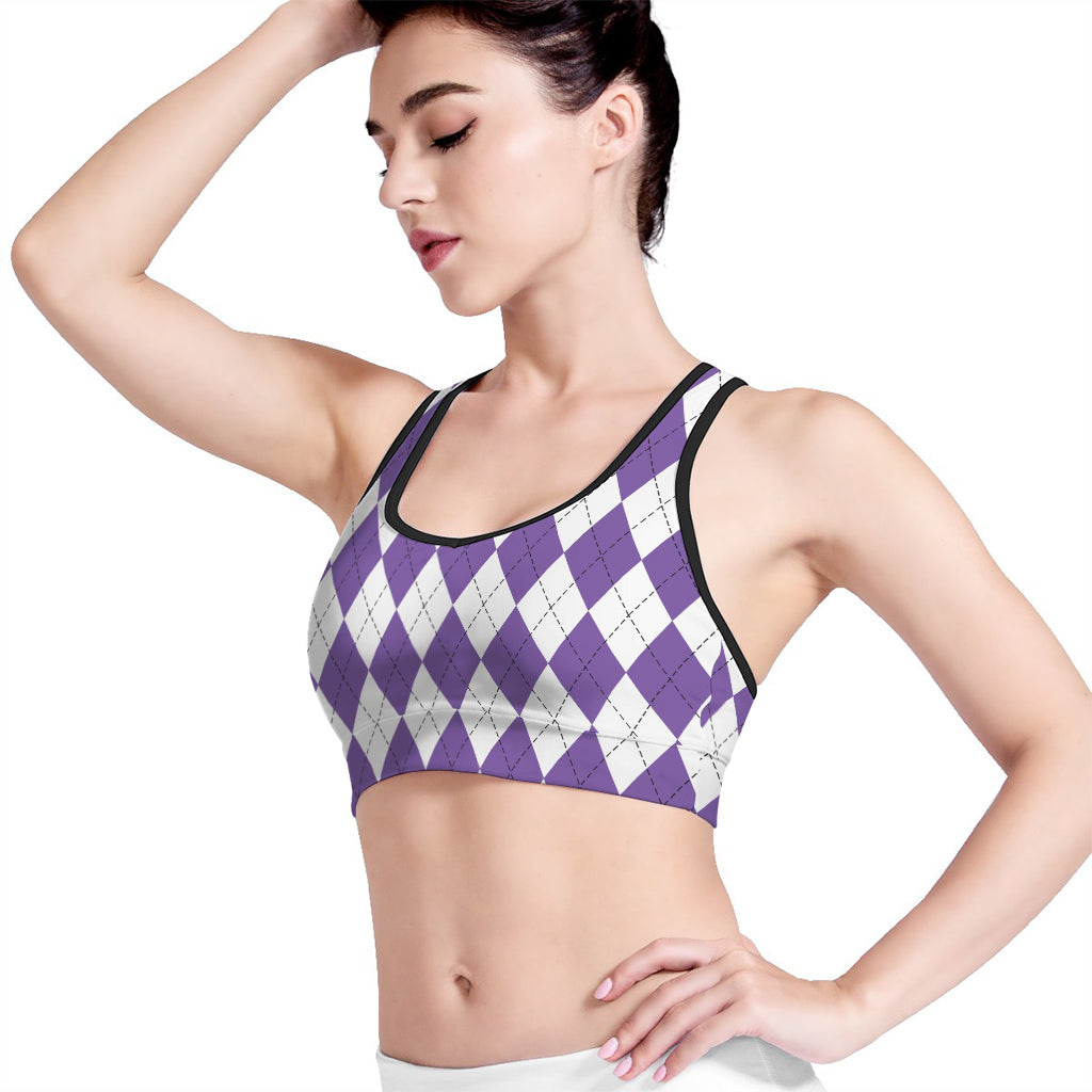 White And Purple Argyle Pattern Print Women's Sports Bra