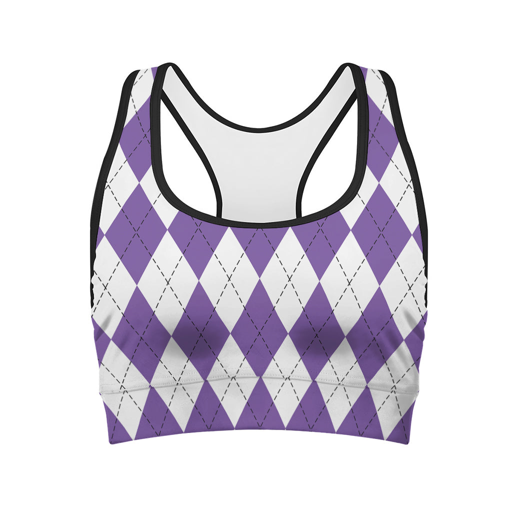 White And Purple Argyle Pattern Print Women's Sports Bra