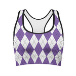 White And Purple Argyle Pattern Print Women's Sports Bra