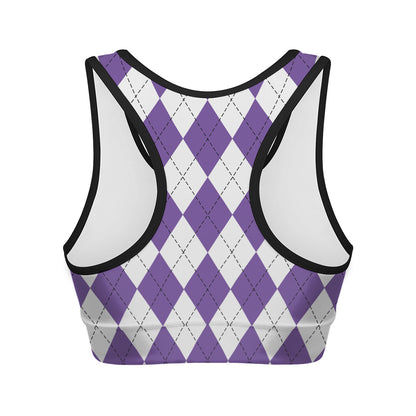 White And Purple Argyle Pattern Print Women's Sports Bra