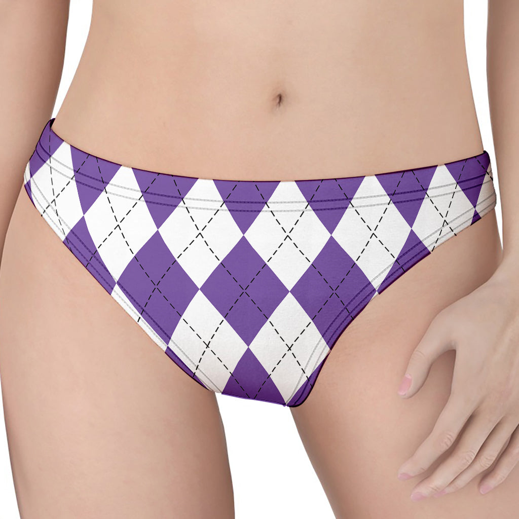 White And Purple Argyle Pattern Print Women's Thong