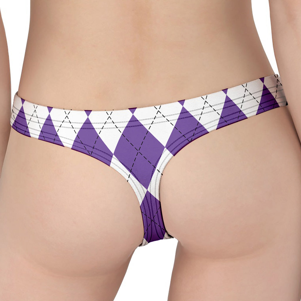 White And Purple Argyle Pattern Print Women's Thong