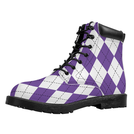 White And Purple Argyle Pattern Print Work Boots