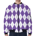 White And Purple Argyle Pattern Print Zip Sleeve Bomber Jacket