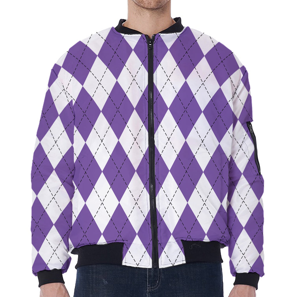 White And Purple Argyle Pattern Print Zip Sleeve Bomber Jacket