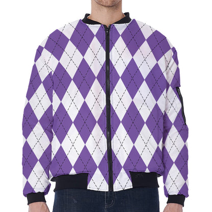 White And Purple Argyle Pattern Print Zip Sleeve Bomber Jacket