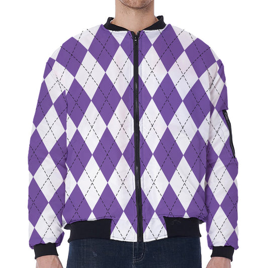 White And Purple Argyle Pattern Print Zip Sleeve Bomber Jacket