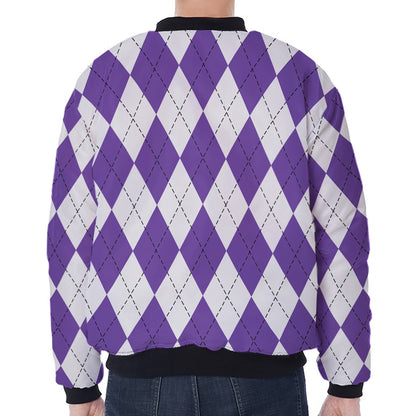 White And Purple Argyle Pattern Print Zip Sleeve Bomber Jacket