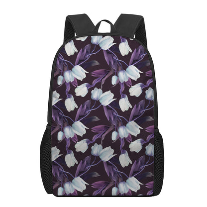 White And Purple Tulip Pattern Print 17 Inch Backpack
