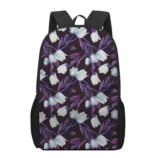 White And Purple Tulip Pattern Print 17 Inch Backpack