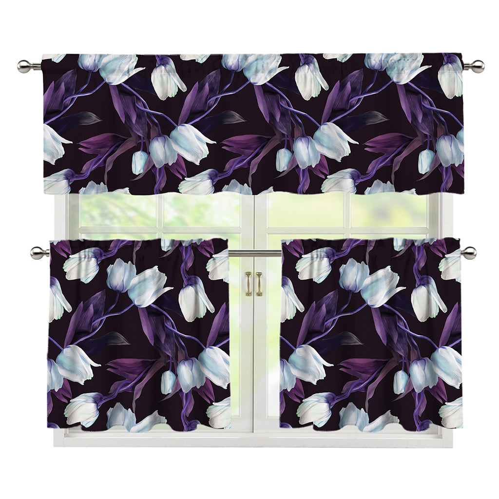 White And Purple Tulip Pattern Print 3 Piece Kitchen Curtains