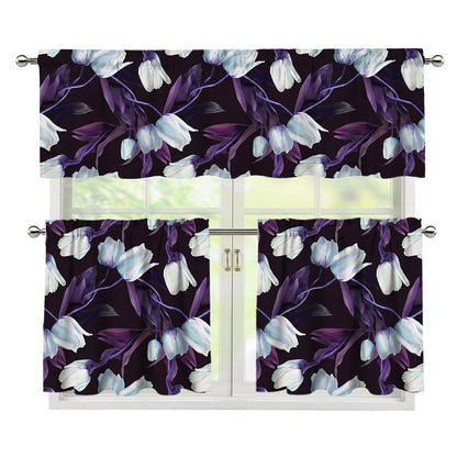 White And Purple Tulip Pattern Print 3 Piece Kitchen Curtains