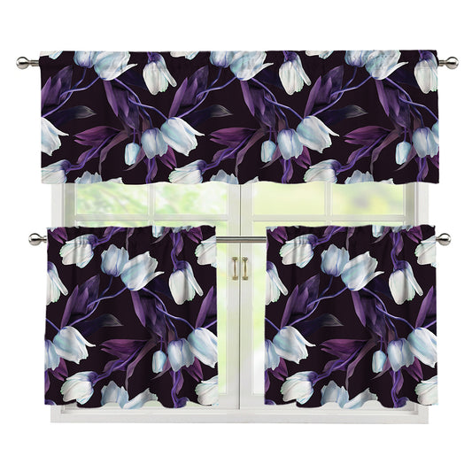 White And Purple Tulip Pattern Print 3 Piece Kitchen Curtains