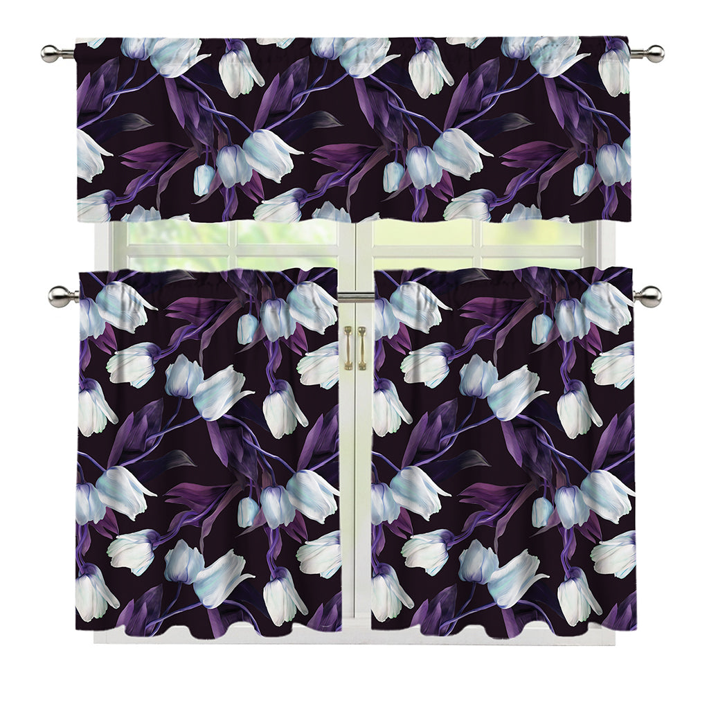 White And Purple Tulip Pattern Print 3 Piece Kitchen Curtains