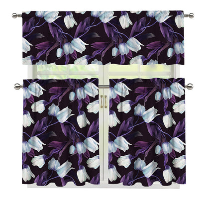 White And Purple Tulip Pattern Print 3 Piece Kitchen Curtains