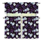 White And Purple Tulip Pattern Print 3 Piece Kitchen Curtains