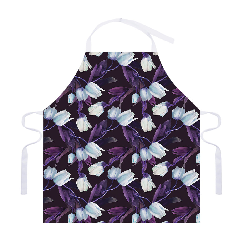 White And Purple Tulip Pattern Print Adjustable Apron