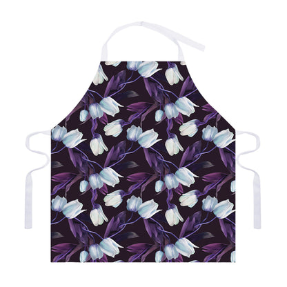 White And Purple Tulip Pattern Print Adjustable Apron
