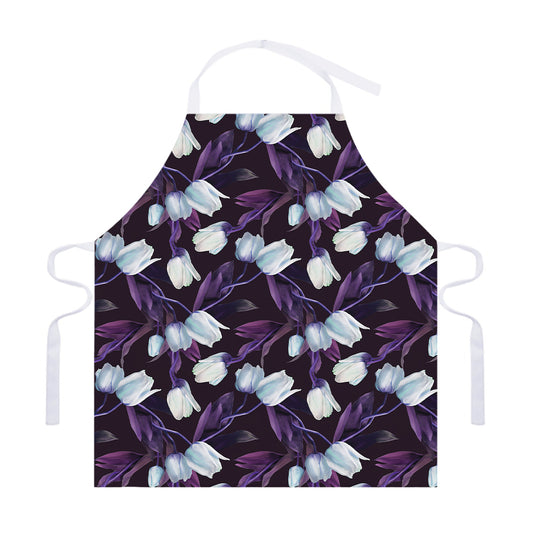 White And Purple Tulip Pattern Print Adjustable Apron