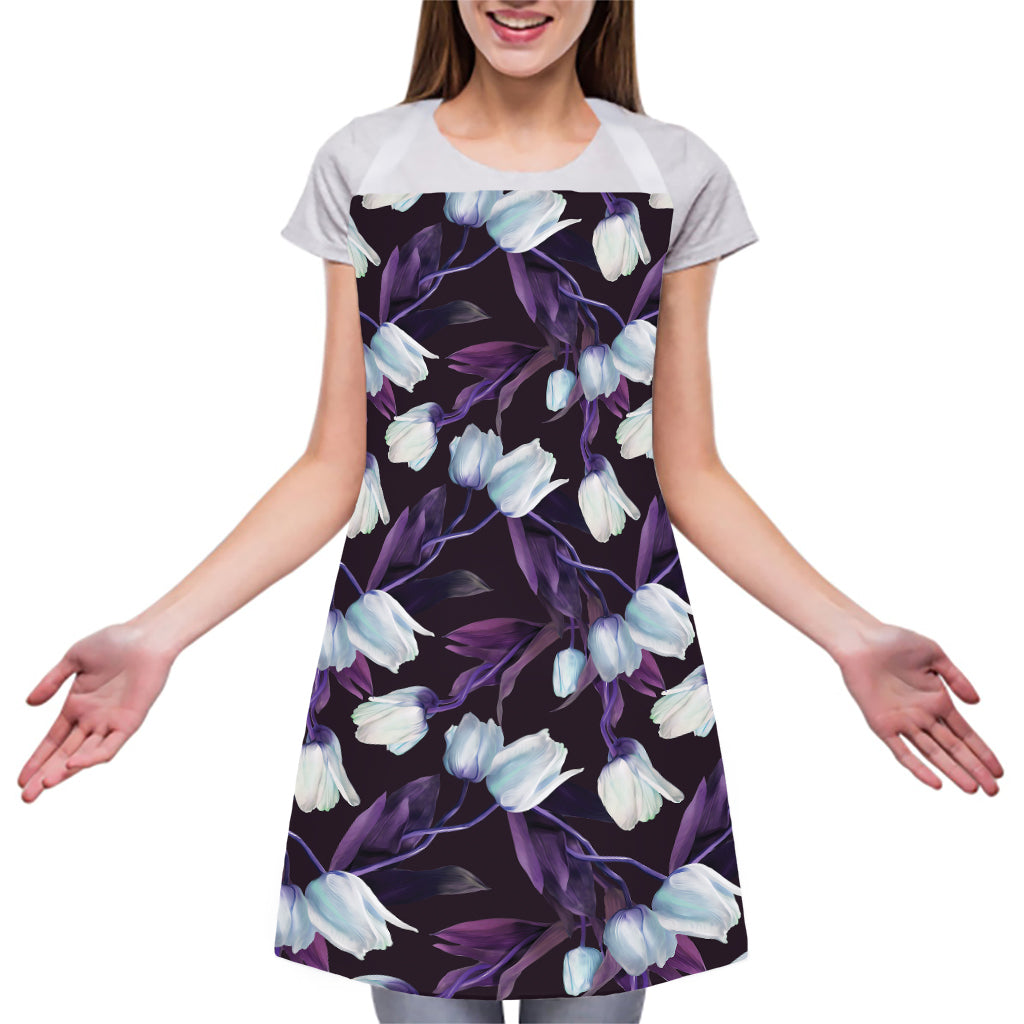 White And Purple Tulip Pattern Print Adjustable Apron