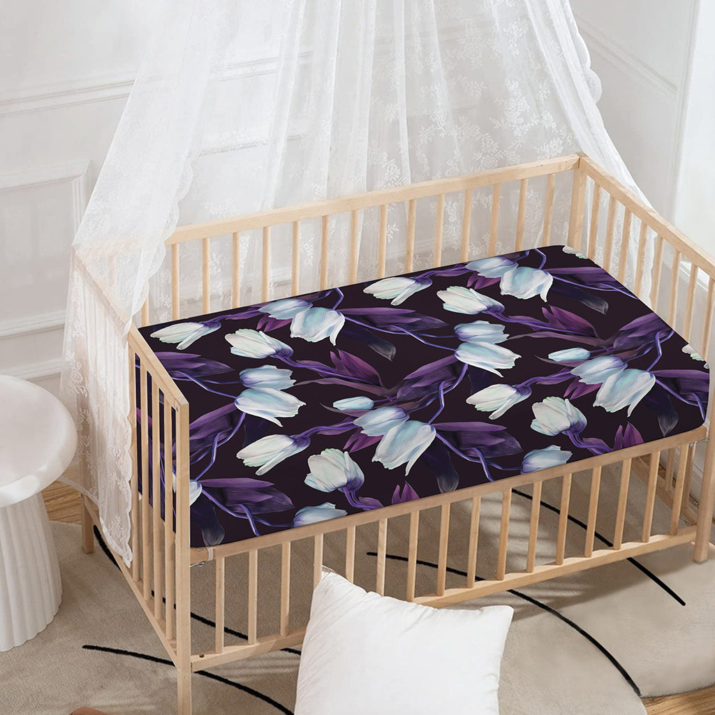 White And Purple Tulip Pattern Print Baby Crib Sheet