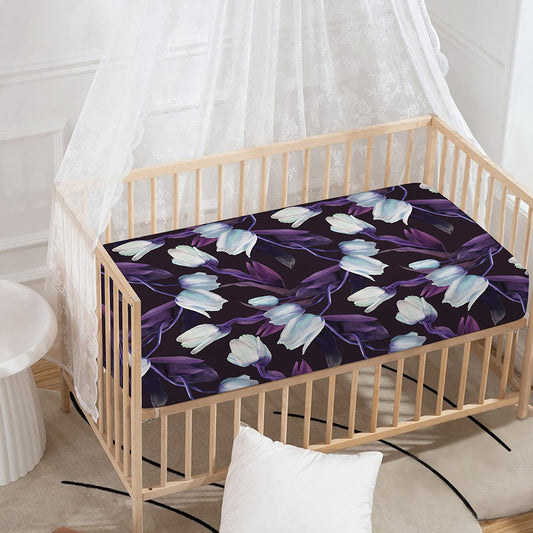 White And Purple Tulip Pattern Print Baby Crib Sheet