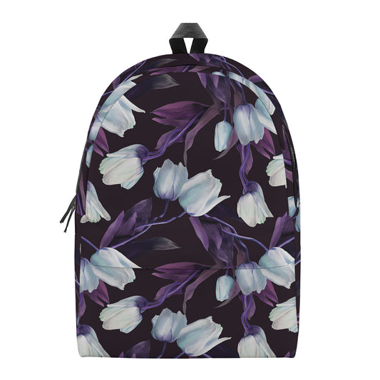 White And Purple Tulip Pattern Print Backpack