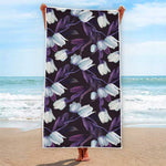 White And Purple Tulip Pattern Print Beach Towel