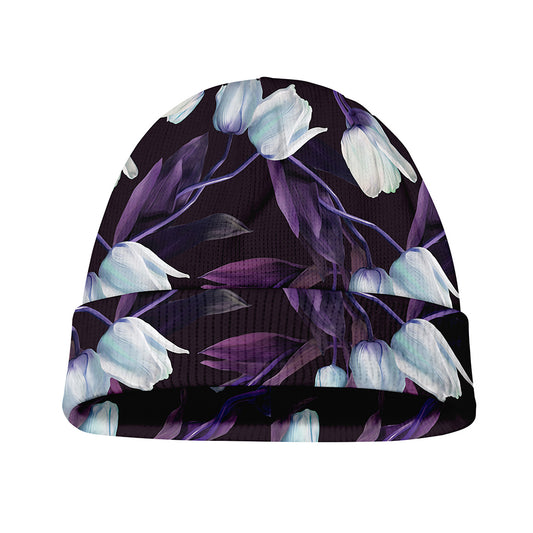 White And Purple Tulip Pattern Print Beanie