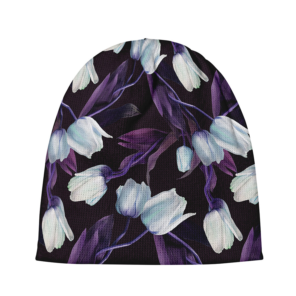 White And Purple Tulip Pattern Print Beanie