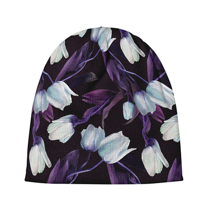 White And Purple Tulip Pattern Print Beanie