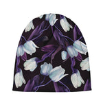 White And Purple Tulip Pattern Print Beanie