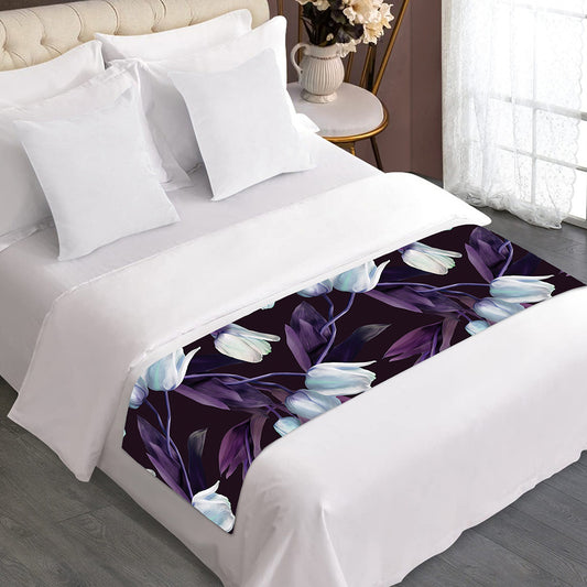White And Purple Tulip Pattern Print Bed Runner