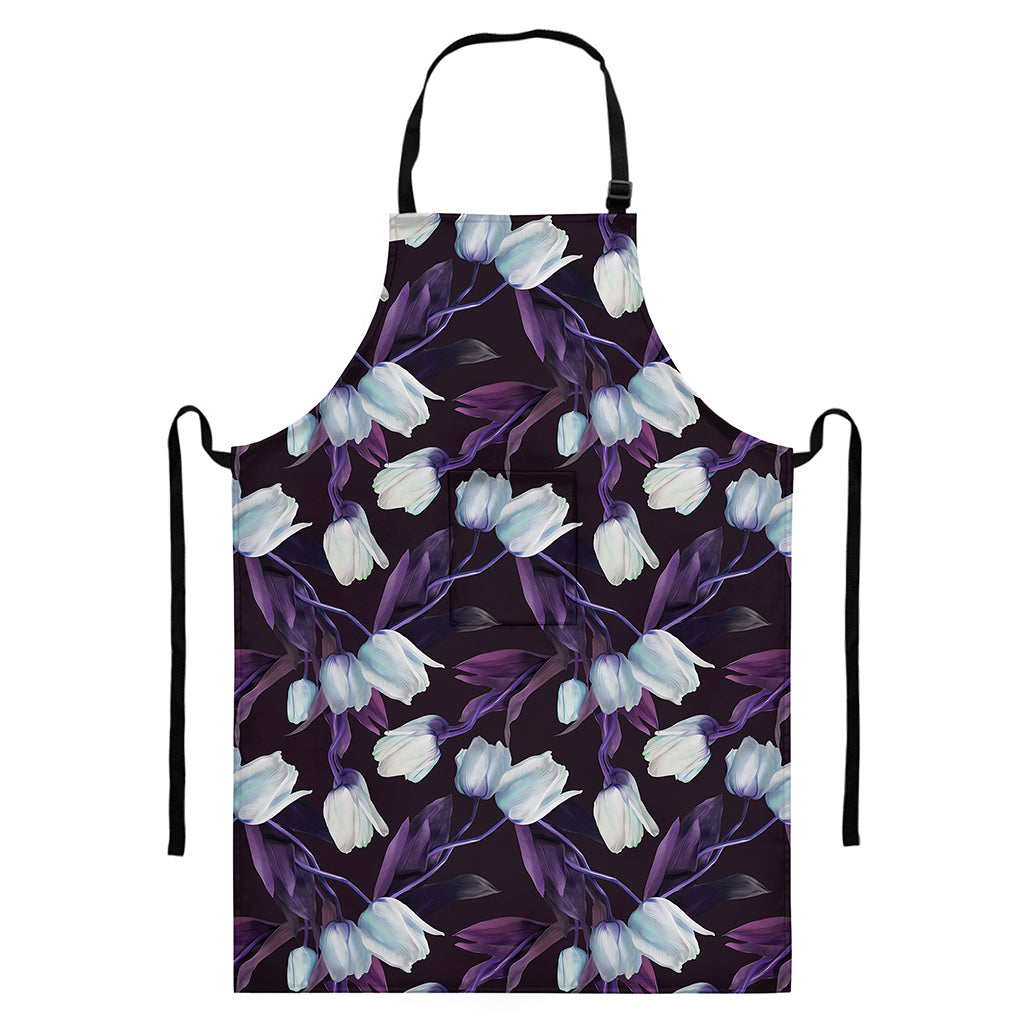 White And Purple Tulip Pattern Print Bib Apron With Pocket